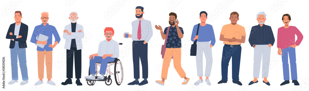 Collection of business men of different ages and races on a white background. Active and young, a smiling guy in a wheelchair Collection of business men of different ages and races on a white background. Active and young, a smiling guy in a wheelchair