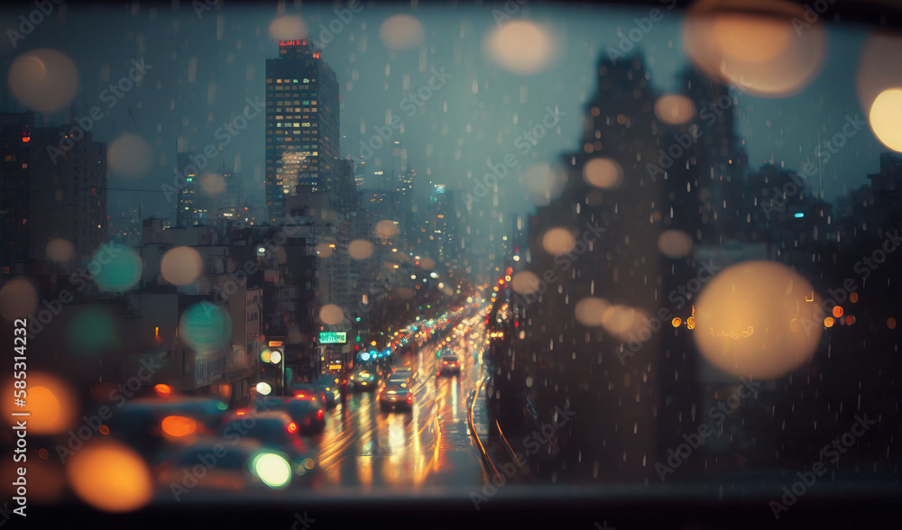  a city street filled with lots of traffic under a rain covered sky.  generative ai