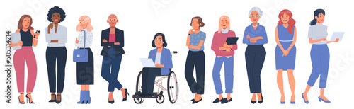 Collection of business women in office suits of different ages and races on a white background. Young and active, mature and seniors