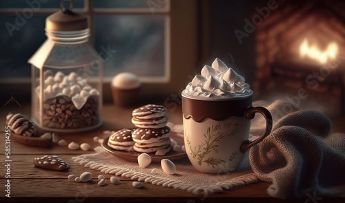  a cup of hot chocolate with marshmallows and cookies. generative ai