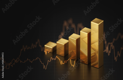 Growth gold bar financial investment stock diagram on 3d profit graph background of global economy trade price business market concept or capital marketing golden banking chart exchange invest value.