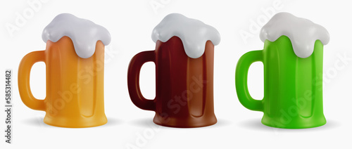 Set mug of yellow, dark and green beer isolated on white background. 3d cartoon vivid illustration in realistic minimal style. Collection bright modern vector graphic element.