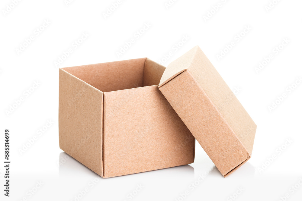 Open brown cardboard box isolated on white background