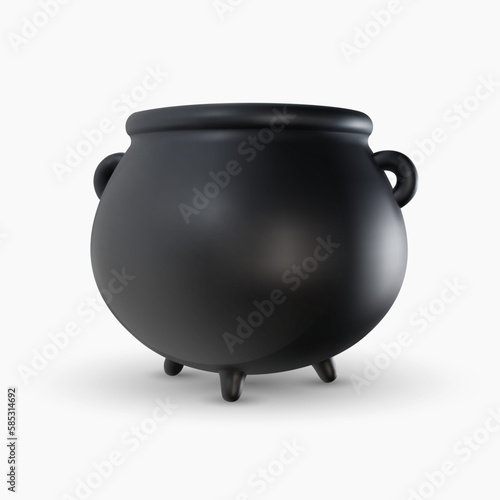 3d realistic black cauldron in cartoon minimal style. Vintage iron medieval pot on white background. Glossy magic or celebration kettle toy. Vector illustration.