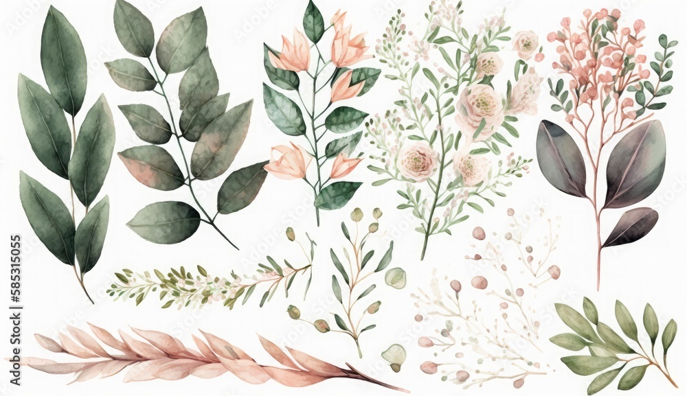 Watercolor floral illustration bouquet set -  leaves, peach blush  flowers branches. Wedding invitations, greetings, wallpapers, fashion, prints. Eucalyptus, olive, peony, rose, Generate Ai