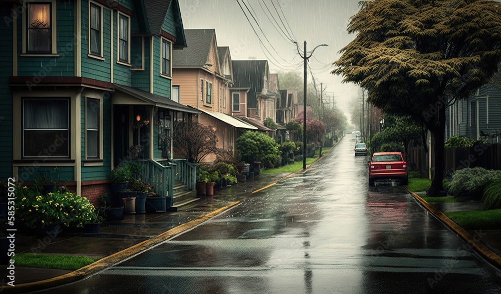  a red car parked on a wet street in the rain.  generative ai