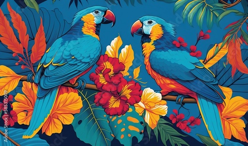  two parrots sitting on a branch with flowers and leaves. generative ai