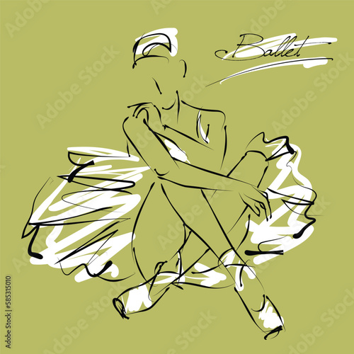 art sketch of sitting on floor and resting beautiful young ballerina in white tutu; ballet shoes, dancer; drawing isolated vector