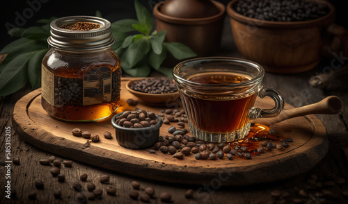  a cup of coffee and a jar of coffee beans on a wooden tray. generative ai