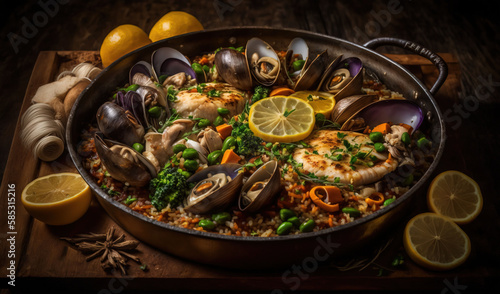  a pan of seafood and rice with lemons on a cutting board. generative ai