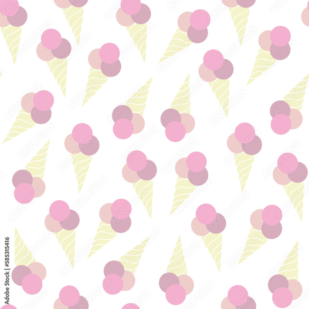 White background with ice cream corns in pastel colors. Decorative seamless pattern for wrapping paper, wallpaper, textile, greeting cards and invitations. White background with ice cream corns in pastel colors. Decorative seamless pattern for wrapping paper, wallpaper, textile, greeting cards and invitations.