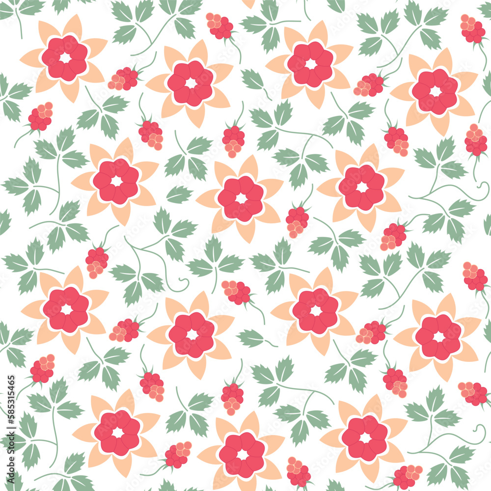 White background with crimson flowers and leaves. Decorative seamless pattern for wrapping paper, wallpaper, textile, greeting cards and invitations.
