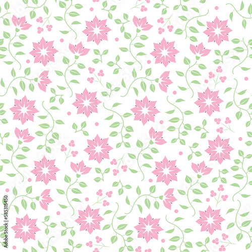 White background with pink flowers and leaves. Decorative seamless pattern for wrapping paper, wallpaper, textile, greeting cards and invitations.