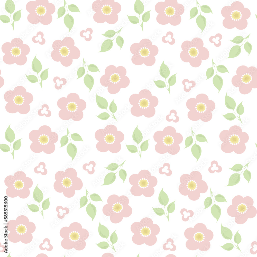 White background with pink flowers and leaves. Decorative seamless pattern for wrapping paper, wallpaper, textile, greeting cards and invitations. White background with pink flowers and leaves. Decorative seamless pattern for wrapping paper, wallpaper, textile, greeting cards and invitations.