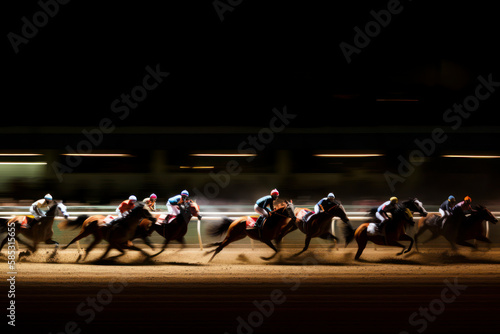 Horse racing at night. Silhouette of thoroughbred and jockey. Generative AI.