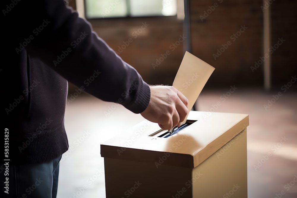 Elections. Man casts her ballot at elections. Man casting vote. Ballot box. Generative AI.
Elections. Man casts her ballot at elections. Man casting vote. Ballot box. Generative AI.