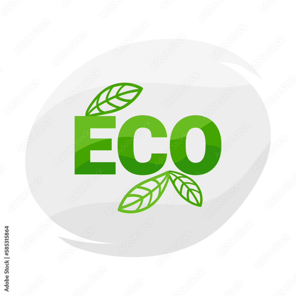 Eco logo with leaf. Text Eco on the gray background of an abstract shape and a green leaf Eco logo with leaf. Text Eco on the gray background of an abstract shape and a green leaf