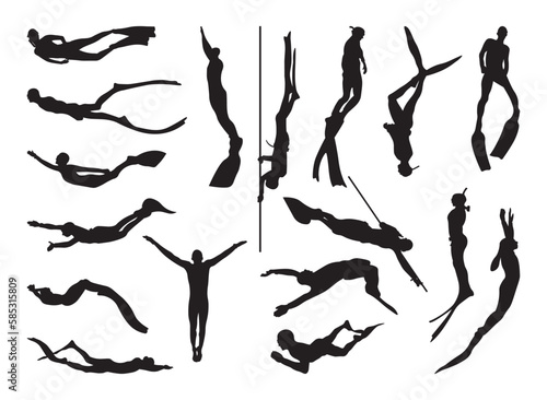 Freediver silhouette vector illustration set.
