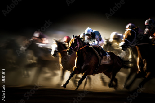 Horse racing at night. Silhouette of thoroughbred and jockey. Generative AI. © junghc1