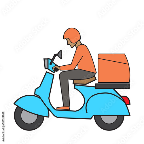 Courier on a vintage motor bike. Cartoon character. Express delivery concept.