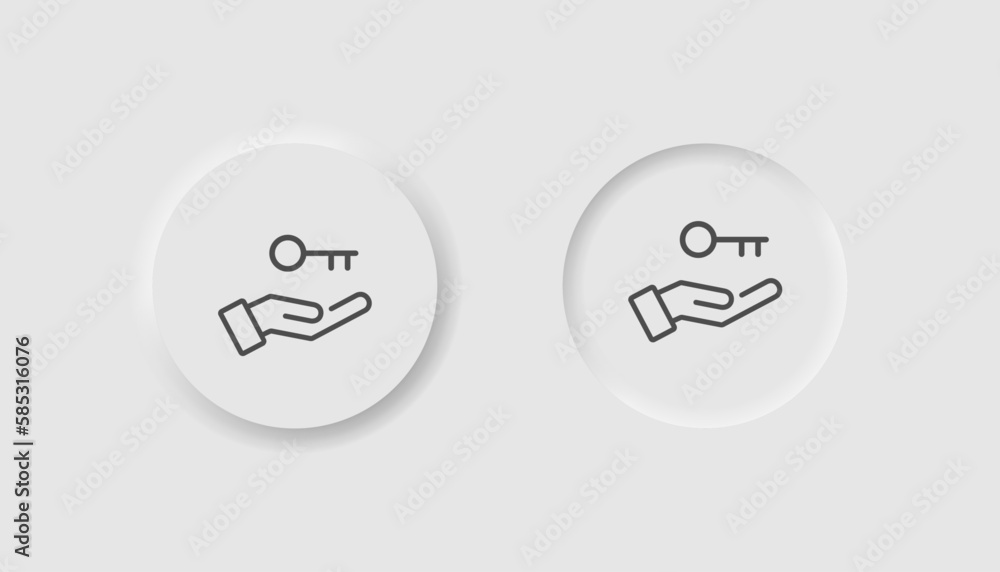 Hand with key icon in neumorphism style. Icons for business, white UI, UX. Rent symbol. Property, private, personal, safety, key, lock . Neumorphic style. Vector illustration. Hand with key icon in neumorphism style. Icons for business, white UI, UX. Rent symbol. Property, private, personal, safety, key, lock . Neumorphic style. Vector illustration.