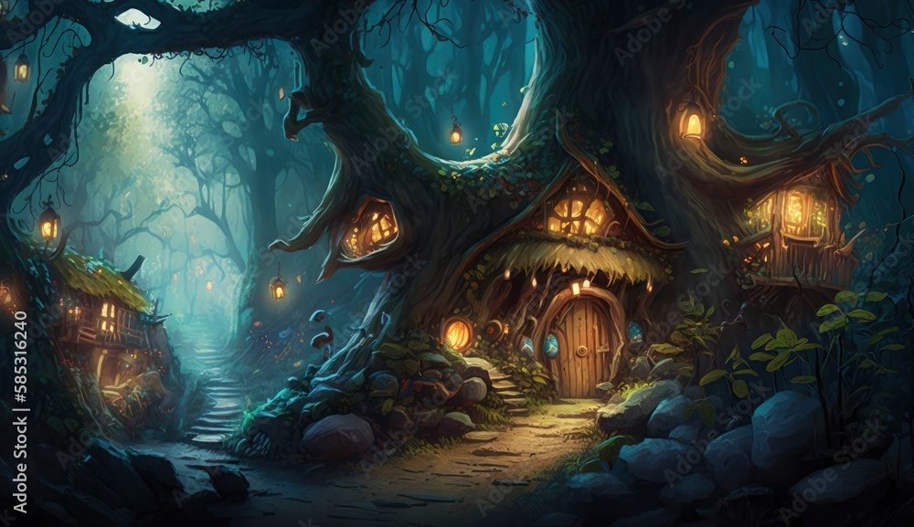 A magical, dreamlike forest with a hidden fairy village, in the style of The Secret of NIM, Generate Ai A magical, dreamlike forest with a hidden fairy village, in the style of The Secret of NIM, Generate Ai