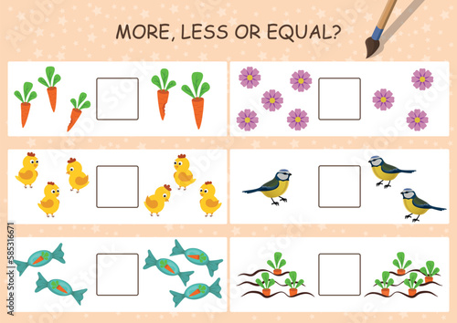 Mini games collection for kids more less or equal count. 
Find regularity and choose next item. Leisure activity for preschool. Funny bird, carrot, flowers. Task for children. 
