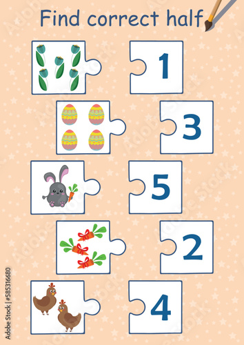 Mini puzzle game collection for kids. How many items on picture? Counting for preschool. Funny bunny, carrot, chicken, flowers. Page for coloring book, leisure activity task for children.