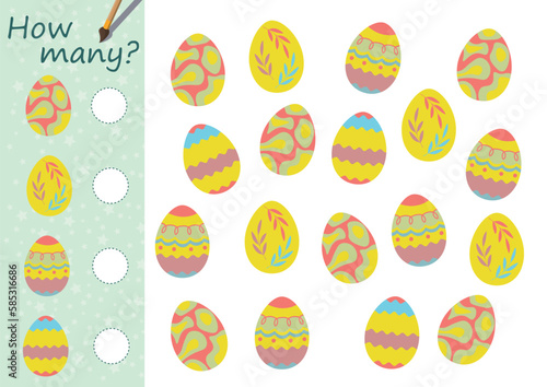 Easter games collection for kids. How many items on picture? Counting for preschool. Funny Paschal egg. Page for coloring book, leisure activity task for children. 