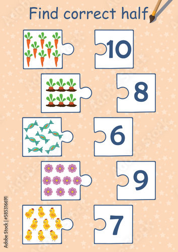 Mini puzzle game collection for kids. How many items on picture? Counting for preschool. Funny bunny, carrot, chicken, flowers. Page for coloring book, leisure activity task for children.