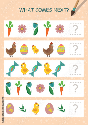 Easter games collection for kids. What comes next? Counting for preschool. Funny Paschal egg, carrot, chicken, flowers. Page for coloring book, leisure activity task for children. 