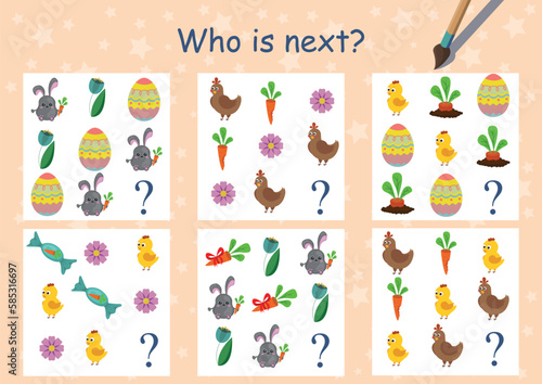 Mini games collection for kids. 
Find regularity and choose next item. Leisure activity for preschool. Funny bunny, carrot, chicken, flowers. Task for children. 
