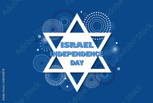 Israel 75 anniversary, Independence Day, Yom Haatzmaut Jewish holiday festive greeting poster. banner with Israeli david star and fireworks