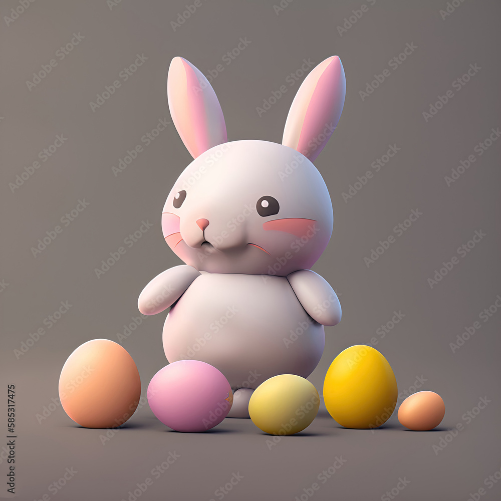Fototapeta premium Modern Illustration of cute cartoon rabbit with easter eggs. Easter Bunny. Generative AI. Artwork 
