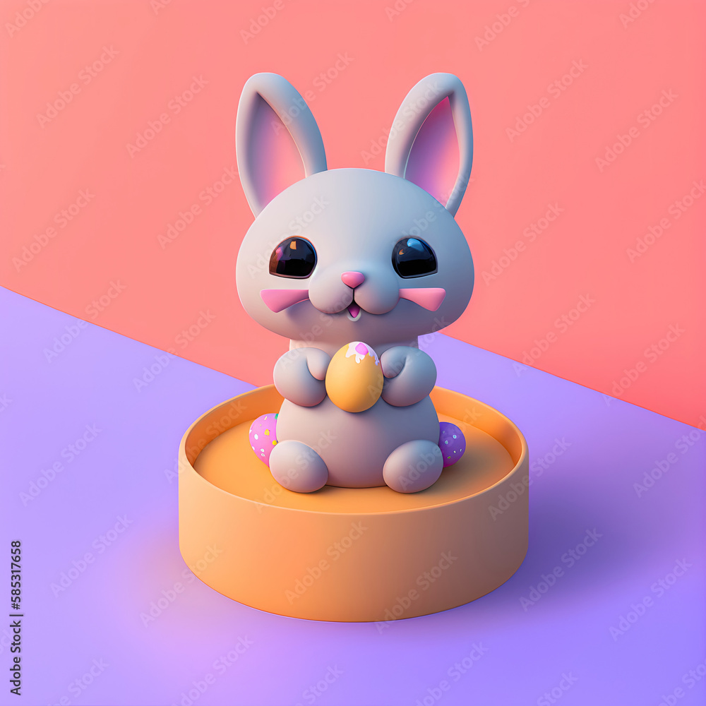 Obraz premium Illustration of tiny cute cartoon rabbit with easter egg in hands. Easter Bunny. Generative AI 