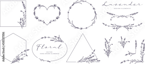 Set of elegant logo elements with lavender flower. Border, divider, frame, corner, wreath, bouquet. Hand drawn vector illustration for wedding invitation, save the date card, label, corporate identity