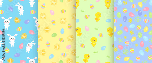 Set of Easter seamless patterns. Cute funny bunnies, baby chickens and colored Easter eggs. Collection of vector holiday backgrounds. Cartoon illustration.