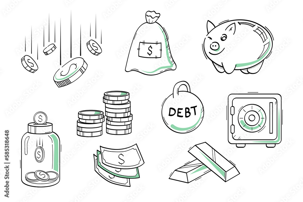 Fototapeta premium Doodle banks crisis, savings money - a set of vector icons. Piggy bank, dollar drop, debts, savings. Line illustrations.
