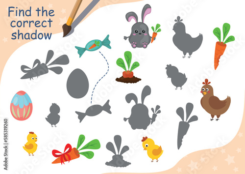 Easter games collection for kids. Find the correct shadow. Funny rabbit, chicken, Paschal egg, carrot. Page for coloring book, leisure activity task for children. Educational game for children