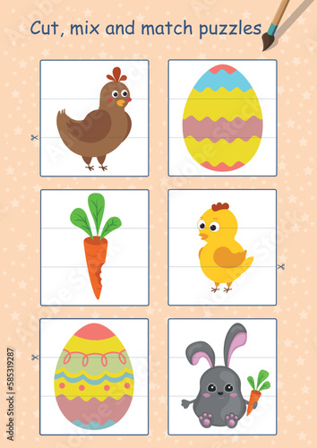 Easter game collection for kids. Set of puzzles. Funny bunny, carrot, chicken, Paschal egg. Page for coloring book, leisure activity task for children.