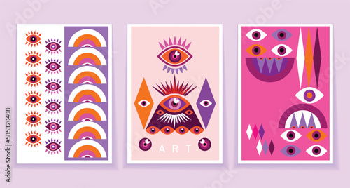 Modern abstract   set  cards esoteric eye , All-seeing eye  Magic, occult symbol sign , sacred art  Template design decor cover, poster, banner  Vector graphic background illustration