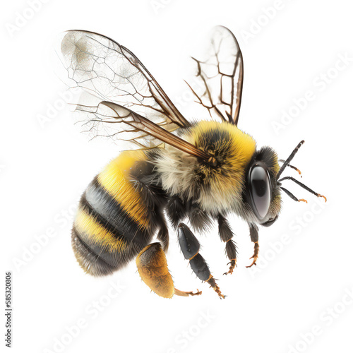 The image features an impressive, lifelike bee, beautifully rendered and seemingly in motion against a completely clear background.Generative AI
