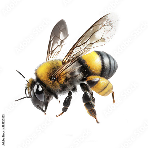 This image features a breathtakingly lifelike bee in mid-flight, set against a transparent background.Generative AI