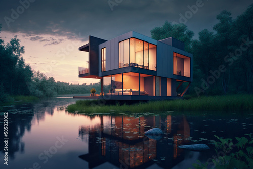 Representación 3d de una casa moderna junto al río (generative Ai)