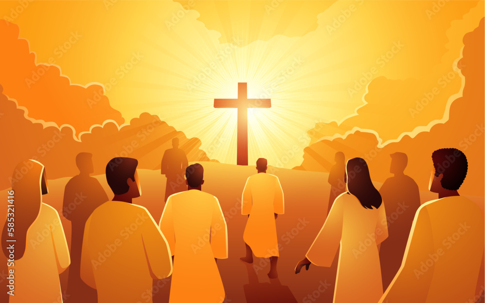 Biblical vector illustration series of people climbed the hill towards the cross - obrazy, fototapety, plakaty 