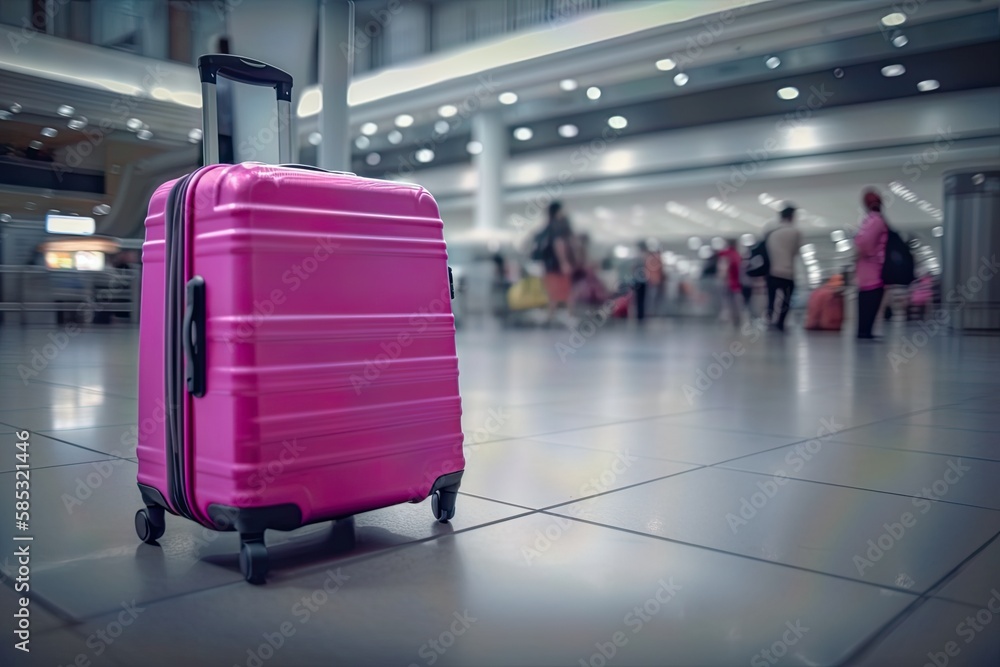 A bright pink suitcase sitting on a luggage cart surrounded by other bags and travelers in a busy airport terminal A bright pink suitcase sitting on a luggage cart surrounded by other bags and travelers in a busy airport terminal