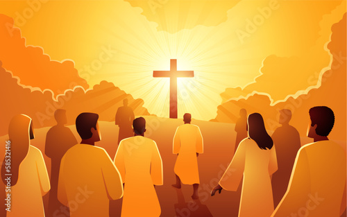 Fotografia Biblical vector illustration series of people climbed the hill towards the cross