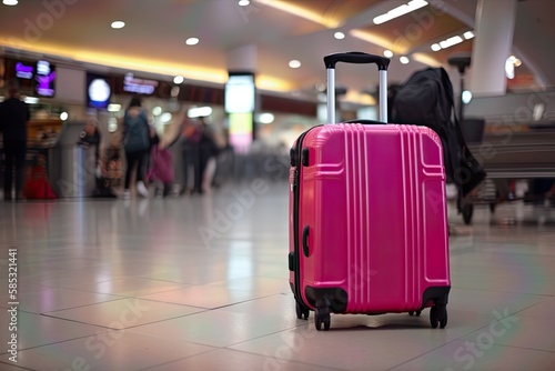 A bright pink suitcase sitting on a luggage cart surrounded by other bags and travelers in a busy airport terminal