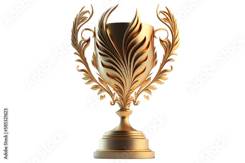 A shimmering, golden trophy is expertly rendered with realistic detail against a clear, transparent background.Generative AI