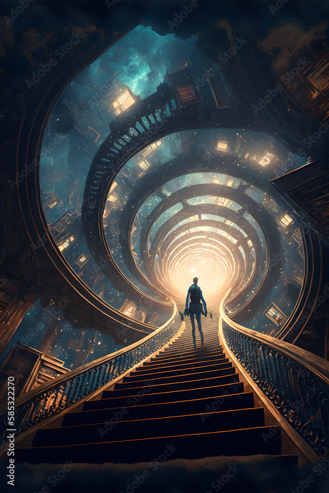 Stairs to a magical library - obrazy, fototapety, plakaty 